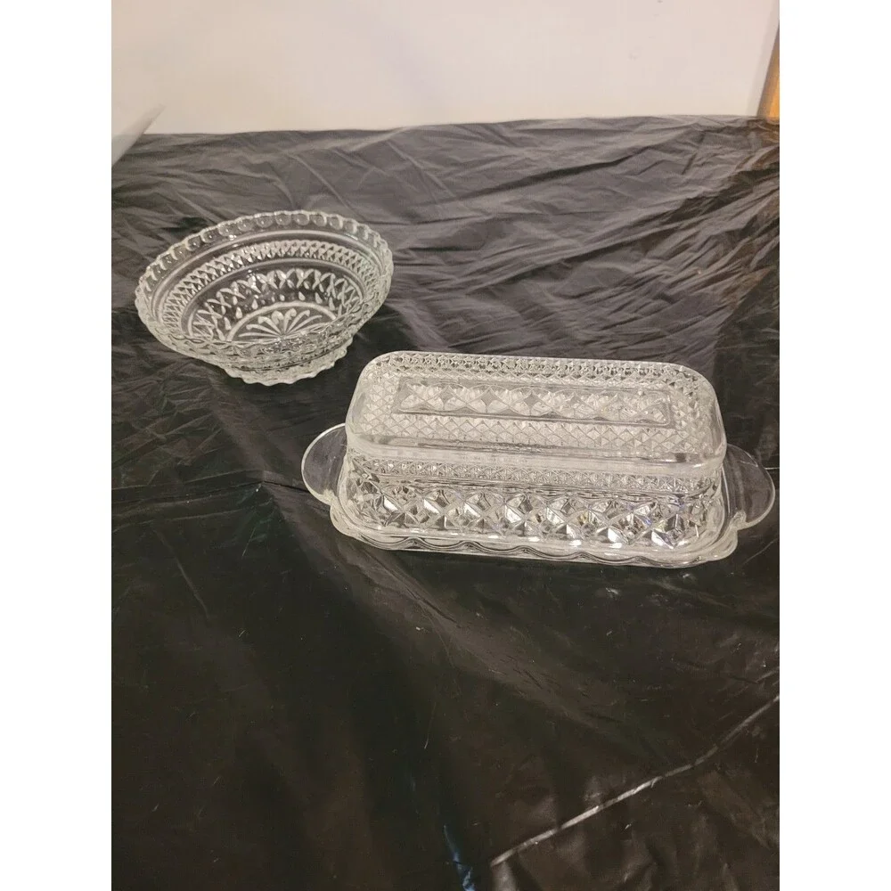 Anchor Hocking Vintage Glass Covered BUTTER DISH & Serve Dish Wexford Pattern